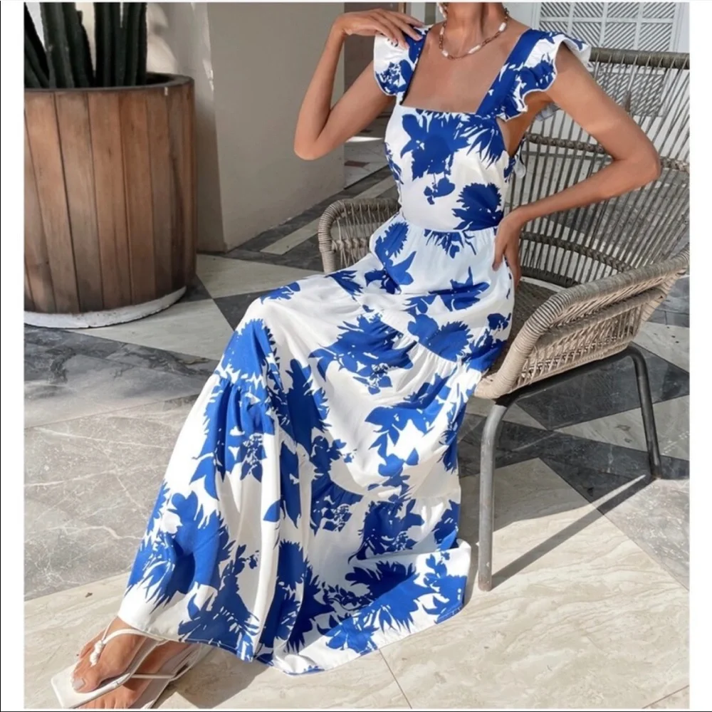 Boho Blue Floral Open Back Butterfly Sleeve Maxi Dress XS S M L 1X 2X 3X 4X - Picture 3 of 3